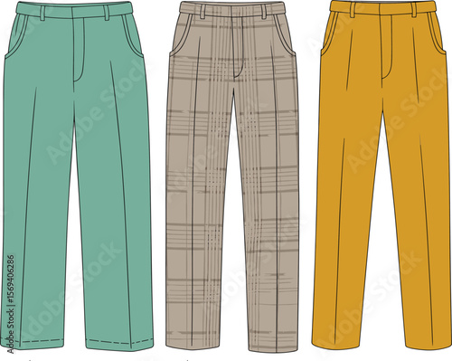 Men’s pants flat sketch, colored fashion pants, vector technical drawing, classic trousers design, plaid pants template, front view illustration flat vector illustration