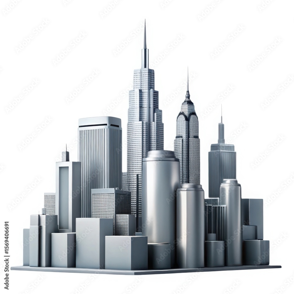 Obraz premium 3d silver cityscape model on white isolated on white background
