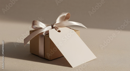 Elegant Wedding Favor Tag Mockup – Blank Rectangular Tag on Kraft Box with Satin Ribbon Against Neutral Fabric Texture