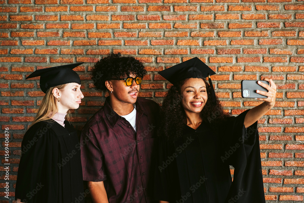 Obraz premium Happy diverse graduates celebrate with a selfie against a brick wall. Two students in caps and gowns smile with a friend, capturing joy and pride on graduation day. Friendship and achievement concept.