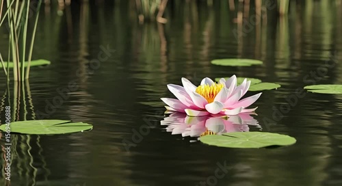 Pink lotus flower blooming on still water surface surrounded by leaves  