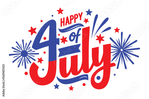 Red and blue calligraphy spells Happy 4th of July with star burst accents on white