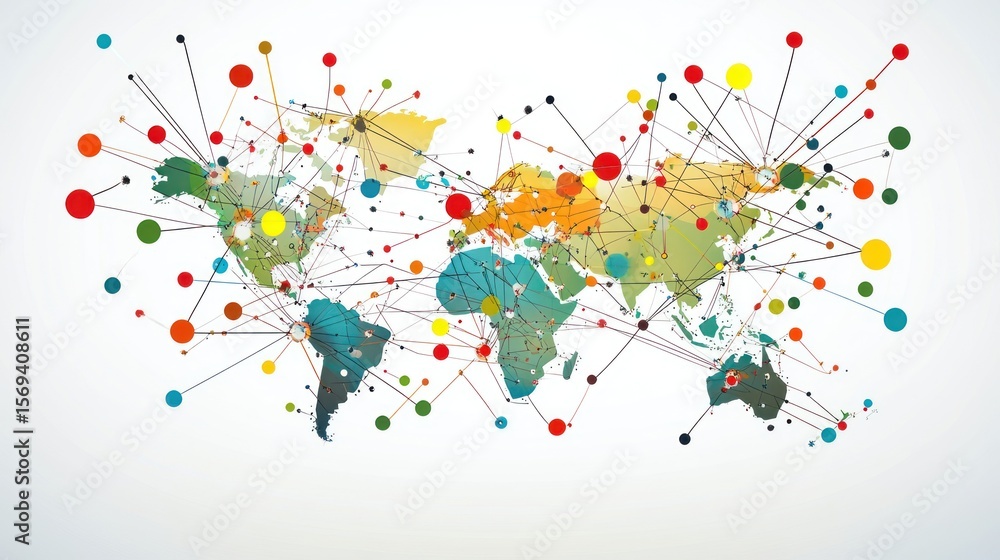Fototapeta premium Global network connection map showing worldwide communication and data exchange.