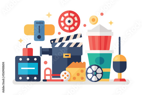 Flat display depicts movie production equipment, snacks, and film, set on a white background