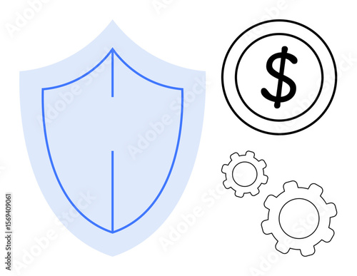 Shield, dollar symbol, and gears convey financial protection, security, operational efficiency, and mechanism concepts. Ideal for finance, security, insurance technology process management