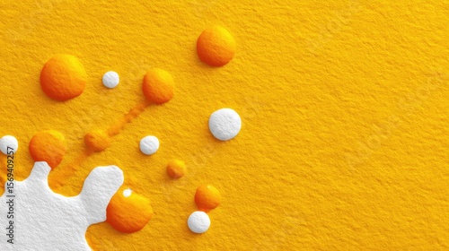Abstract Yellow Background with White and Orange Paint Drops Creating a Vibrant, Textured Surface Ideal for Modern Art or Creative Design Projects