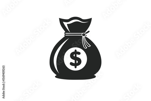 A black money bag icon features a dollar sign and drawstring closure on white