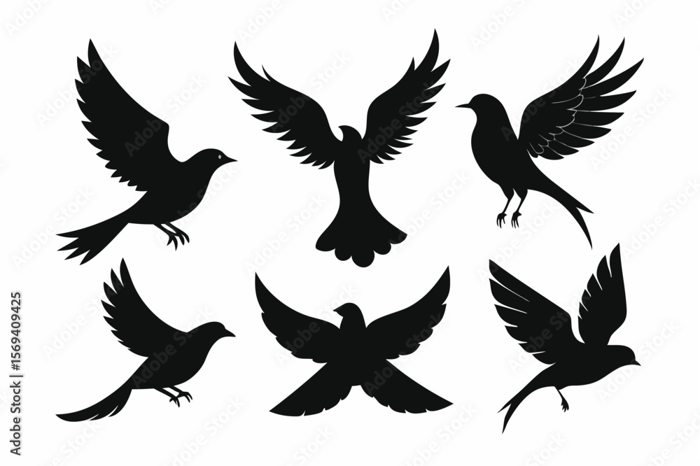 Six black bird silhouettes with varied wing positions are showcased against a white backdrop Six black bird silhouettes with varied wing positions are showcased against a white backdrop