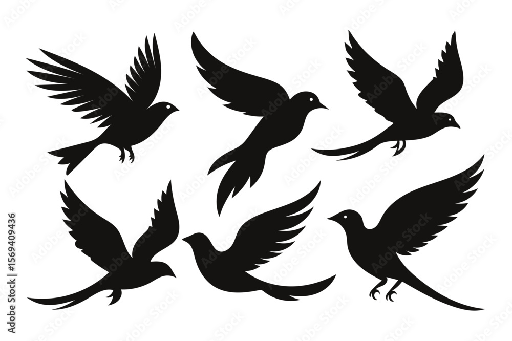 Fototapeta premium Six black bird silhouettes fly creatively with various wing positions on a transparent background
