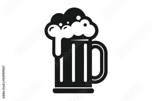Black beer mug overflows with foamy head, offering a minimalist, vectorstyle refreshment