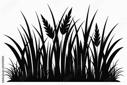 Tall black grass and wheat silhouettes create a natural, simple meadow look on transparent backdrop