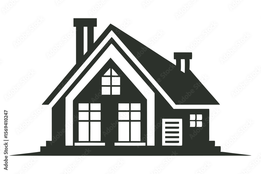 A minimalist house silhouette with a gabled roof and chimney stands alone on white A minimalist house silhouette with a gabled roof and chimney stands alone on white