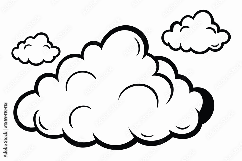 Cartoon white clouds float lightly against the blank background, presenting a weather depiction Cartoon white clouds float lightly against the blank background, presenting a weather depiction