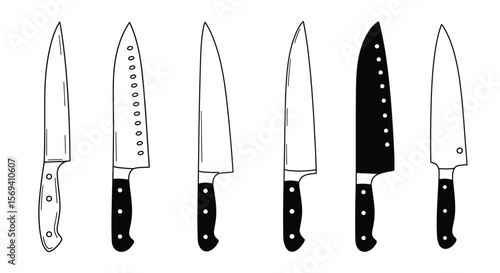 Sharp, stainless steel kitchen knives, including a chef's set, are isolated on a white background