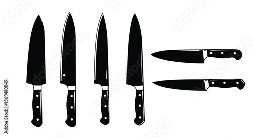 Sharp, stainless steel kitchen knives, including a chef's set, are isolated on a white background