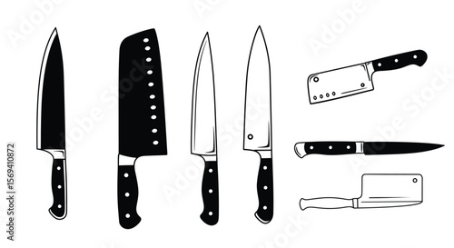 Sharp, stainless steel kitchen knives, including a chef's set, are isolated on a white background