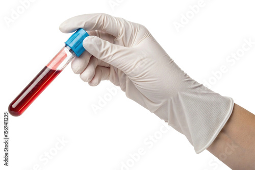 Hand in white glove holding blood sample test tube isolated on transparent background