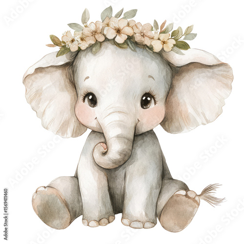 Adorable Baby Elephant Sitting with Curled Trunk and Floral Crown in Gentle Watercolor Style