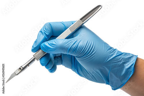 Close up of a hand wearing a blue medical glove holding a scalpel isolated on transparent background