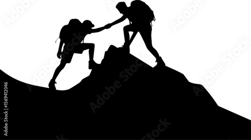 helping friend reach the mountain silhouette vector illustration