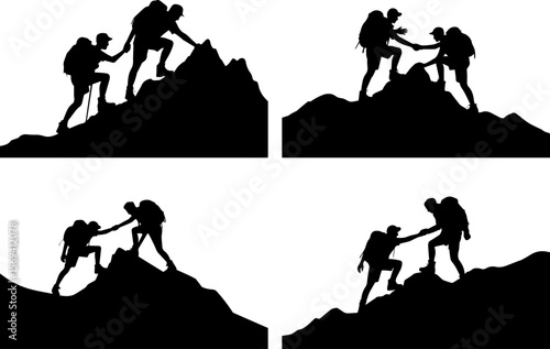 Set of helping friend reach the mountain silhouette vector illustration