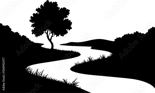 river curves with trees silhouette vector illustration