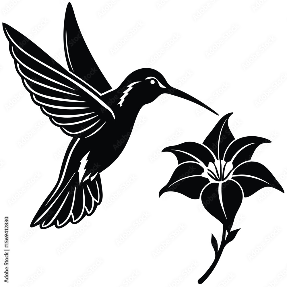Fototapeta premium Hummingbird hovering near a stylized flower silhouette