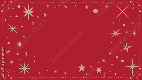 A red background with a border of dots and stars of various sizes scattered around the edges of the frame