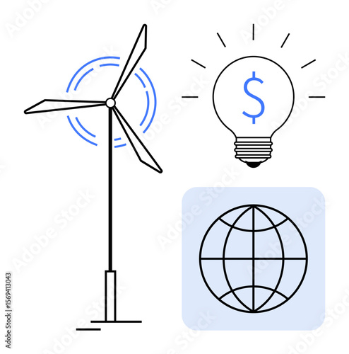 Wind turbine generating power, a globe for global connection, and a lightbulb symbolizing cost savings and ideas. Ideal for sustainability, green energy, innovation, eco-friendliness, global market