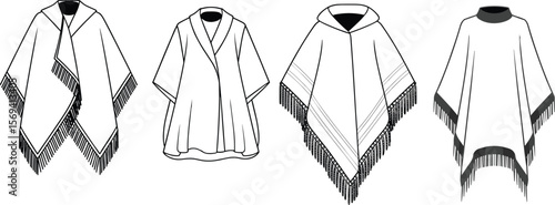 Poncho fashion flat sketch, women outerwear vector design, technical garment illustration, clothing template, digital apparel art for designers flat vector illustration