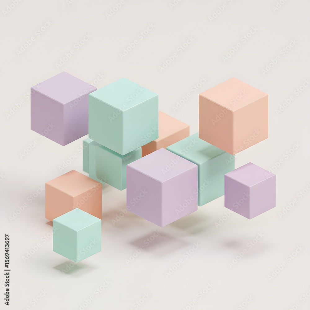Obraz premium Pastel colored cubes float against a soft, neutral background, creating a modern abstract composition.