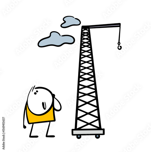 Funny  little boy looks at a huge construction crane. Vector illustration of a man at a construction site and cartoon  machine with a hook for lifting cargo to a height.