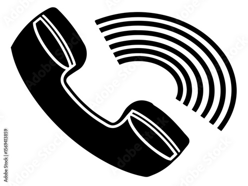 Vector  black and white illustration of a telephone receiver with radiating signal waves indicating a call in progress