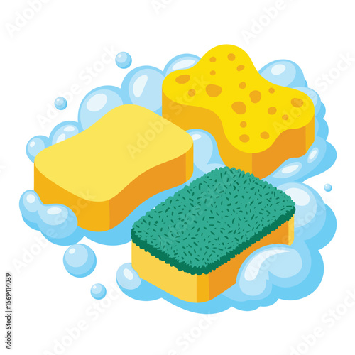 Three Colorful Cleaning Sponges with Bubbles