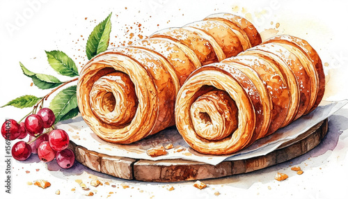 Watercolor. Illustration. Juicy food. Trdelnik or bun on a plate. White background. For design.