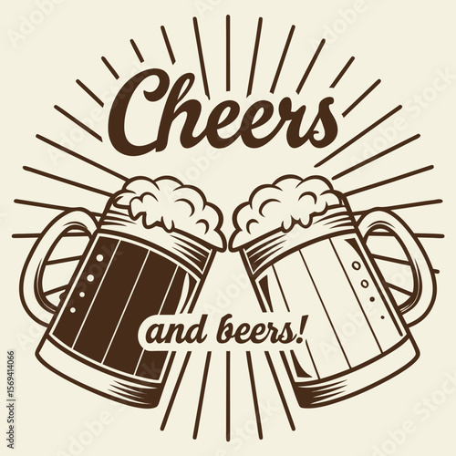 Cheers and beers toast with frothy mugs vector