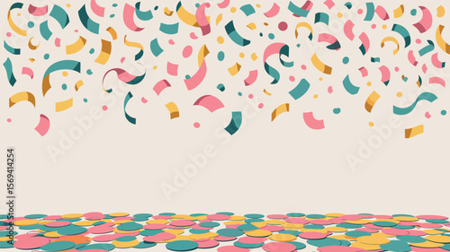 A celebratory scene with falling confetti in pink teal and gold against a light beige background space