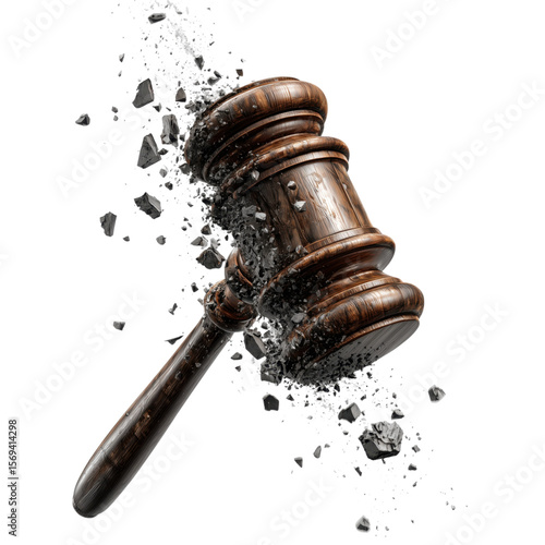 Wooden gavel disintegrating into fragments symbolizing justice breakdown or legal crisis