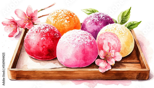 Watercolor. Illustration. Juicy food. Japanese dessert. Mochi in different colors on a festive plate. On a white background. For design.