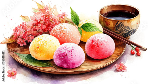 Watercolor. Illustration. Juicy food. Japanese dessert. Mochi in different colors on a plate. Set. On a white background. For design.