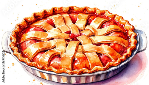 Watercolor. Illustration. Juicy food. Apple pie on a white background. For design.