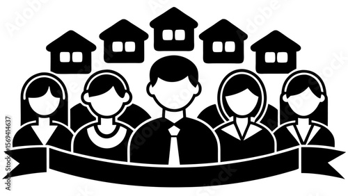 Vector  black and white illustration of a community with houses and people under a banner graphic design