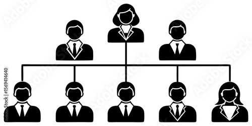 Vector  organization chart showing hierarchy with a woman at the top and subordinates in black and white