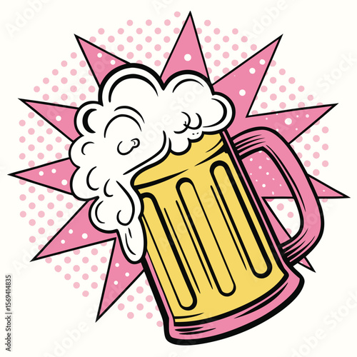 Frothy yellow beer mug with pink starburst and polka dot background foam