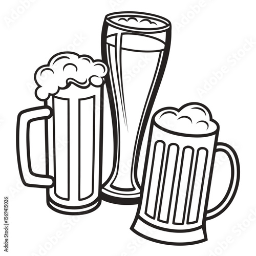 Three foamy beer mugs and glasses beverage