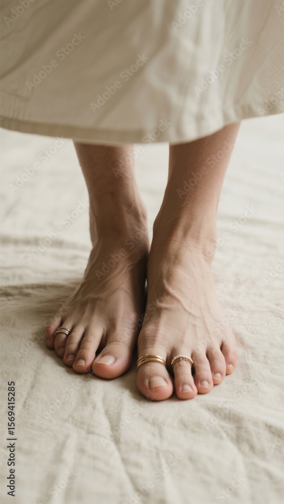 Woman's feet with toe rings standing on a linen cloth, creating a minimalist and elegant composition with a neutral color palette and delicate jewelry for lifestyle and fashion concepts Woman's feet with toe rings standing on a linen cloth, creating a minimalist and elegant composition with a neutral color palette and delicate jewelry for lifestyle and fashion concepts
