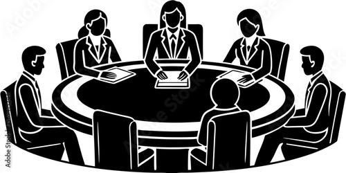 Vector  illustration of seven people in suits sitting around a round table in a business meeting scene setting