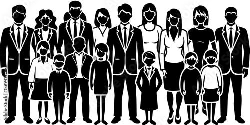 Vector  illustration of a large group of people consisting of adults and children in formal attire standing together