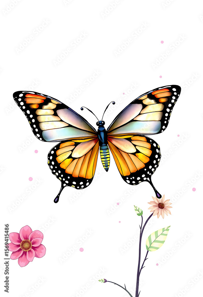 Fototapeta premium Butterfly and Blooms: Delicate Insect with Floral Accents