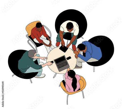 Team work business scene top view illustration. Set of diverse men and women working together, taking part in meeting, brainstorming. Modern vector simple outline drawing isolated